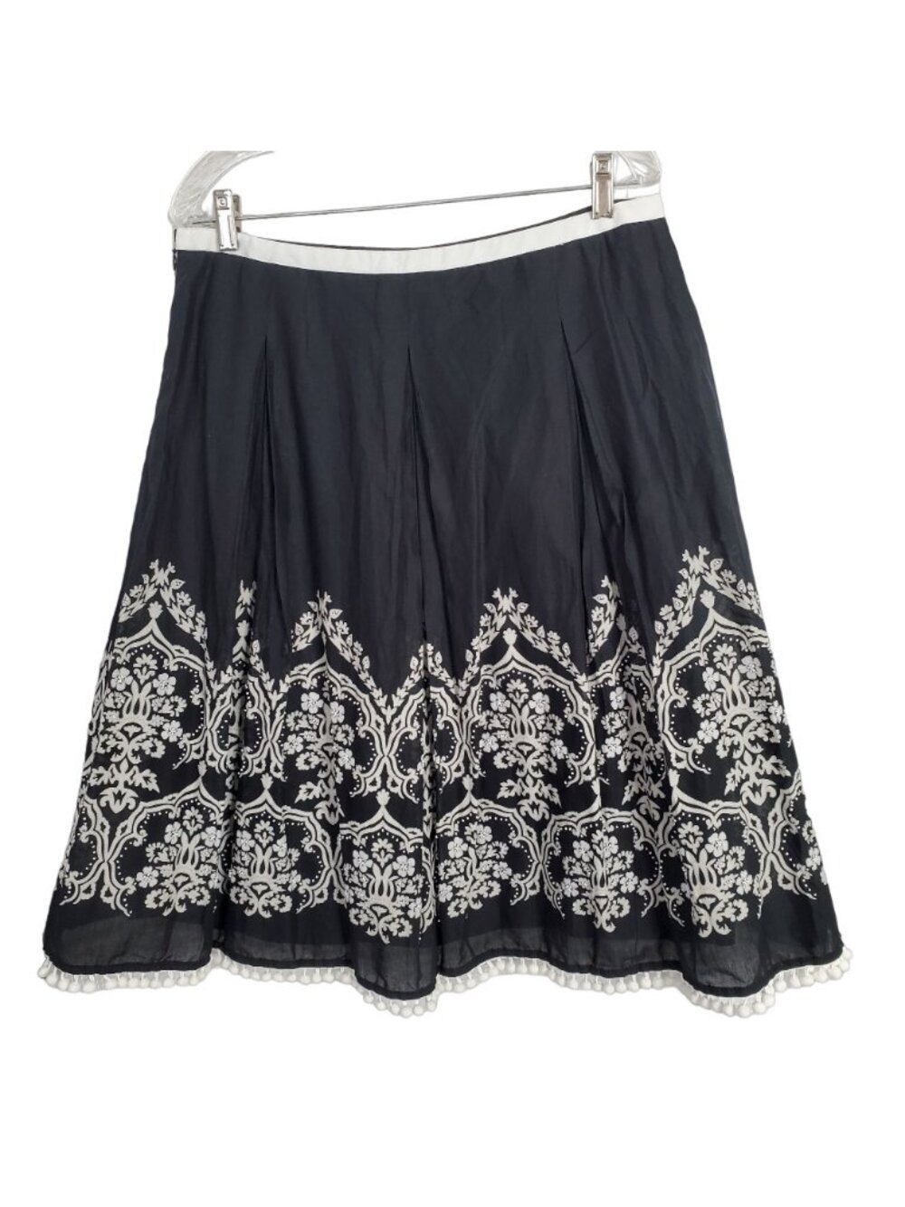 Loft NWT Size 12 Skirt Cotton Pleated A-line Beaded Pom Pom Hem Lined Midi Black - Picture 2 of 13
